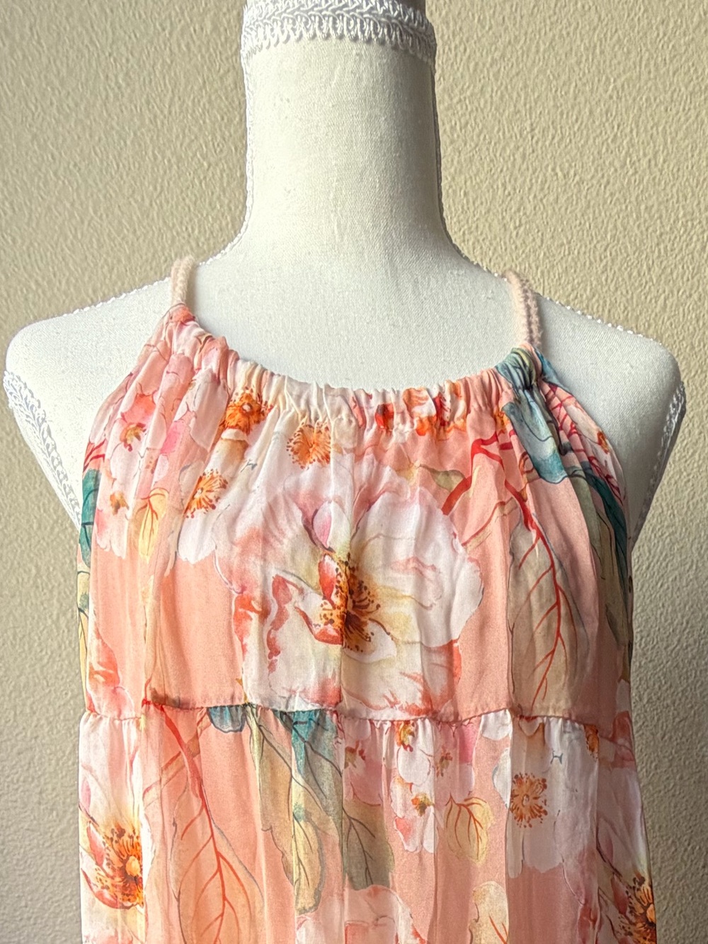 Elena Baldi Silk Blend Made In Italy Peach Floral Tiered M Dress Romantic
